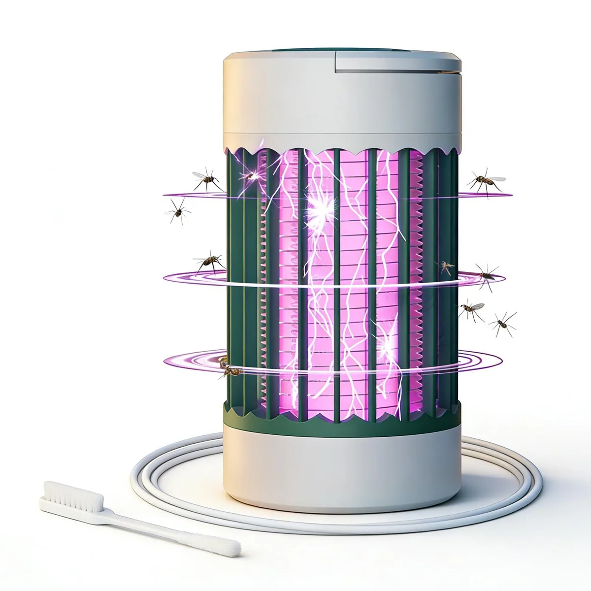 Green cylindrical bug zapper lantern with top loop and removable tray