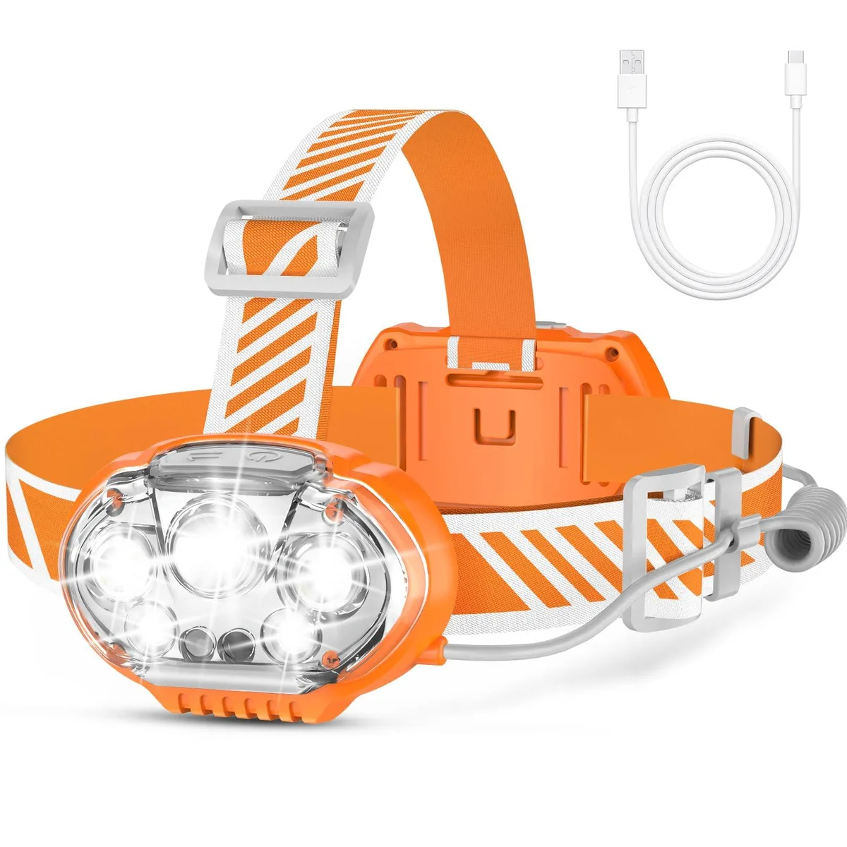 Orange compact headlamp with pivoting LED unit and adjustable strap
