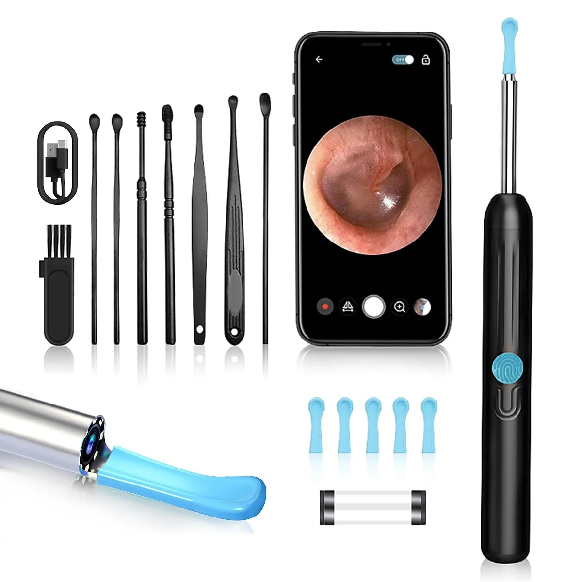 Black cylindrical ear camera with six LED lights and 1080P lens
