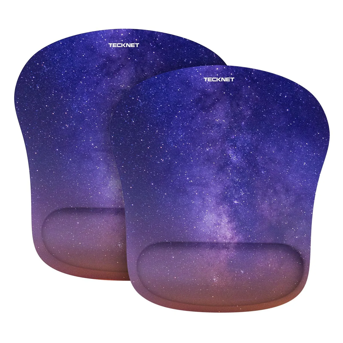 Two purple galaxy mouse pads with integrated memory foam wrist rests, smooth waterproof tops and wave-pattern non-slip rubber bases