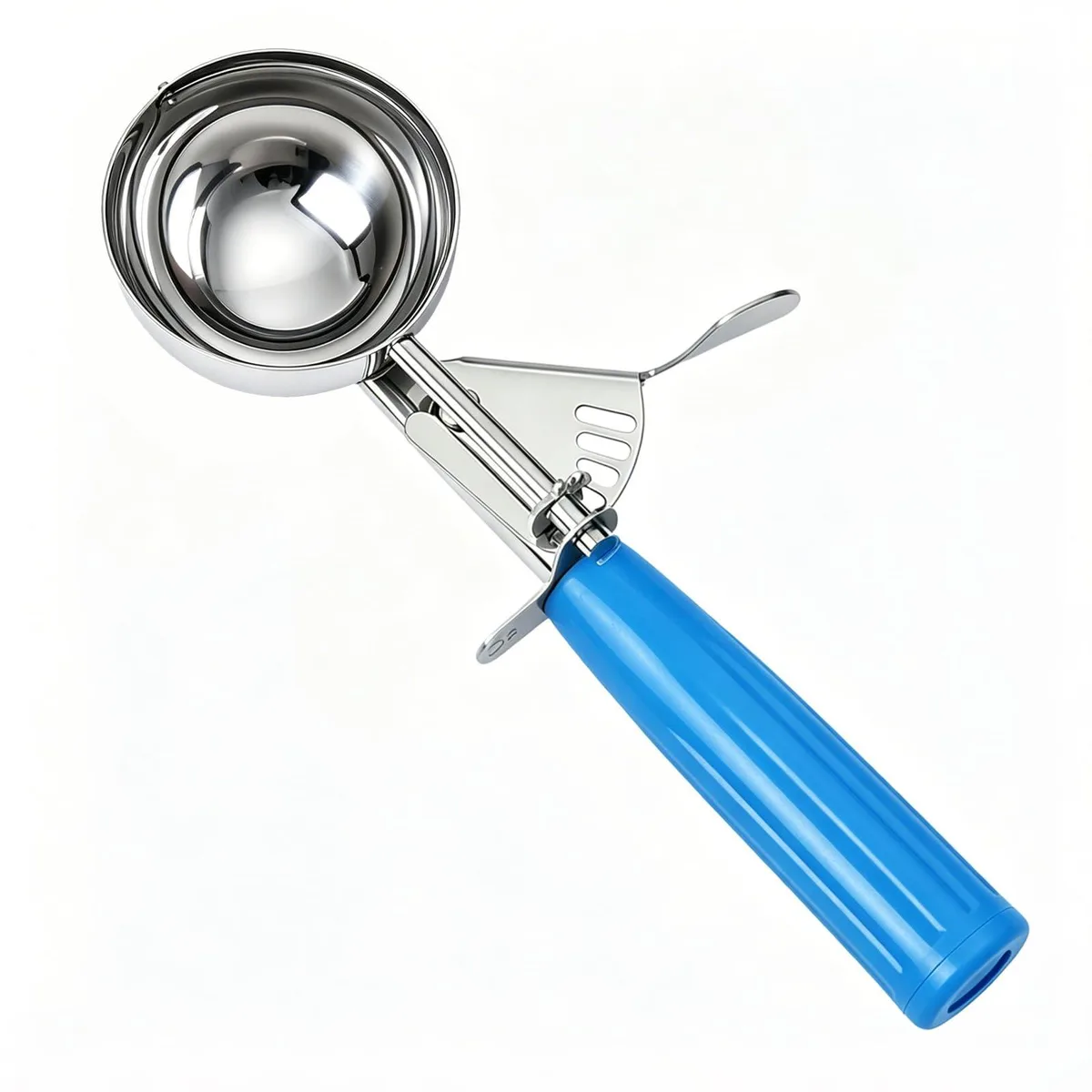 Stainless steel #16 cookie scoop with blue trigger handle