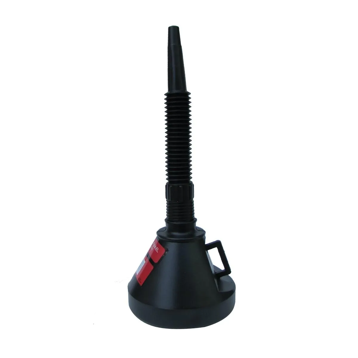Large white plastic funnel with wide mouth, mesh filter, and long flexible extension spout