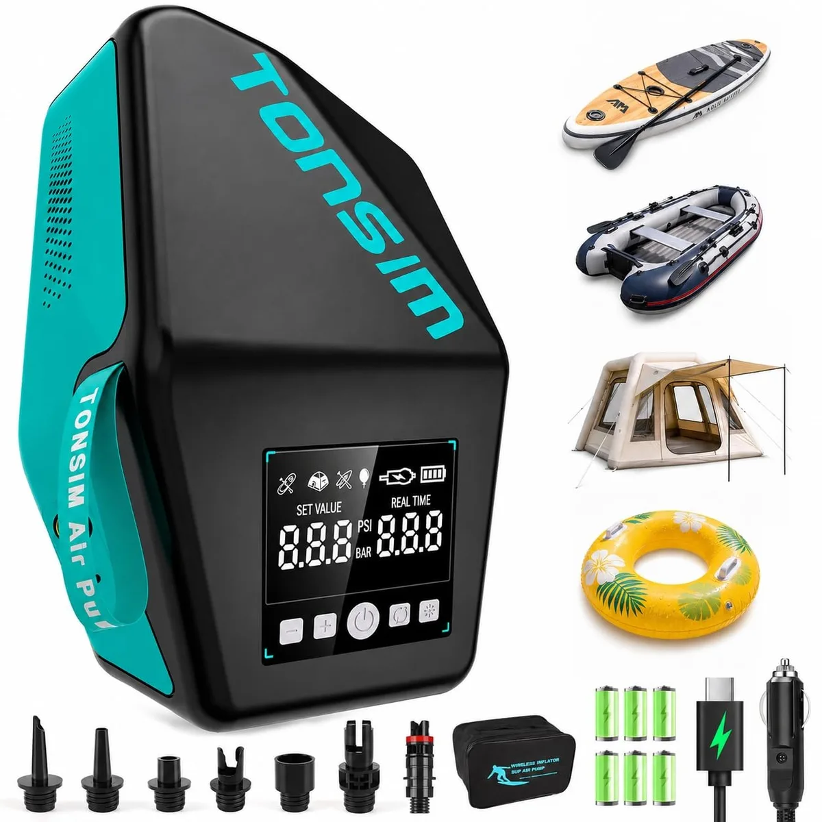 Black rectangular electric paddle board pump with carry handle, LCD screen, hose and nozzle attachments