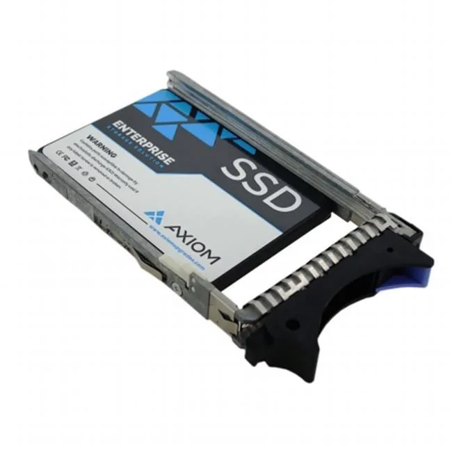 Rectangular 2.5-inch SATA SSD with hot-swap tray, matte black metal casing, label showing capacity and model