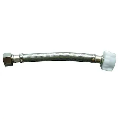 Braided stainless steel hose with brass and plastic fittings, 9 inch length