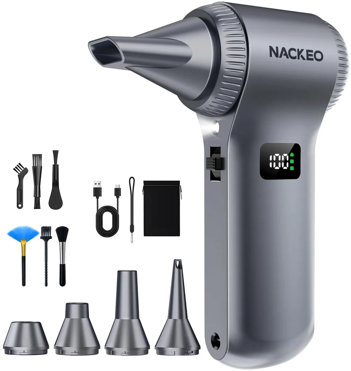 Handheld electric air duster with chrome finish, LED display and multiple nozzles