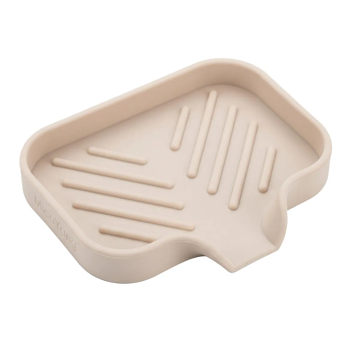 Compact rectangular silicone soap dish in tapioca colour with angled drain spout and raised ridges