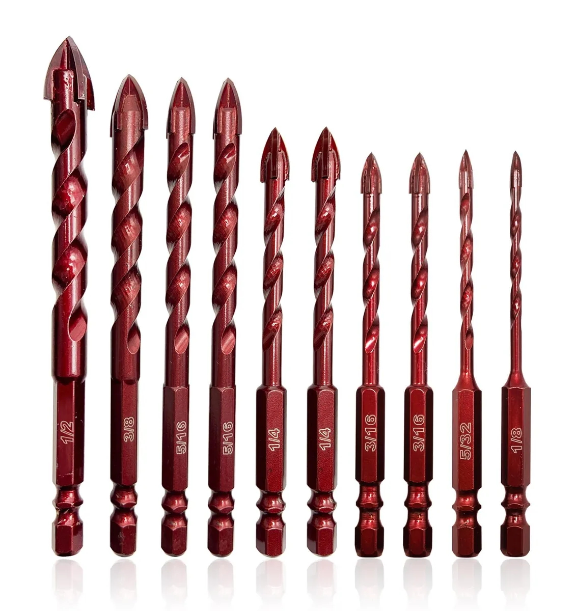 Ten-piece masonry drill bit set in case, high-cobalt alloy, hex shanks