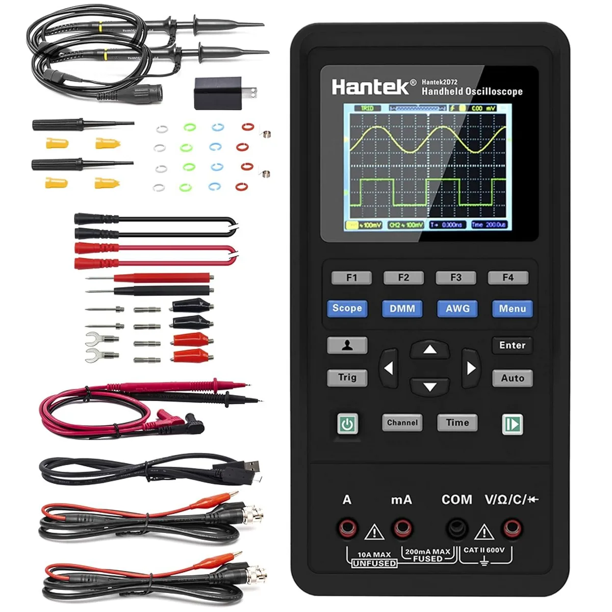 Handheld oscilloscope multimeter generator with LCD screen and retractable stand