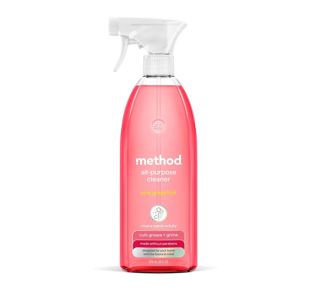 White 28 fl oz spray bottle with pink grapefruit label