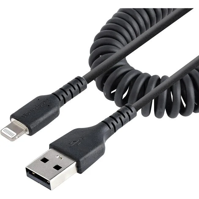 Black coiled USB-A to Lightning cable, 1 metre, TPE jacket