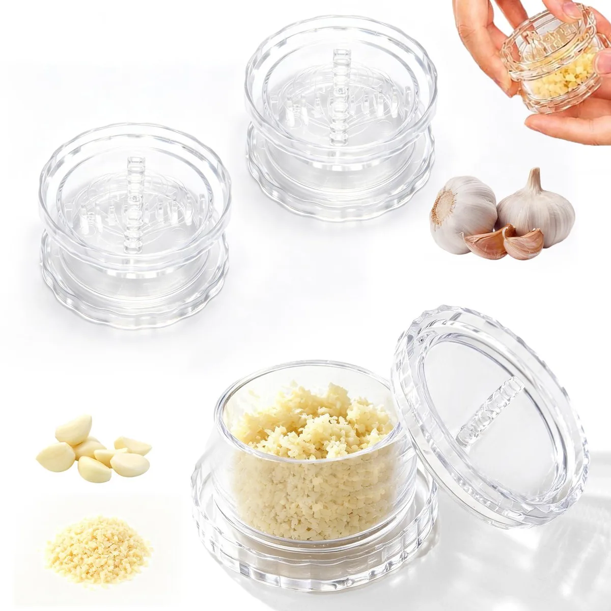 Transparent white plastic garlic twister, three-piece set, clear container with twist mechanism