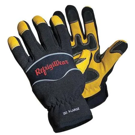 Black neoprene mechanics gloves with reinforced goatskin palm, hook-and-loop cuff, Thinsulate insulation and rubber knuckle protection