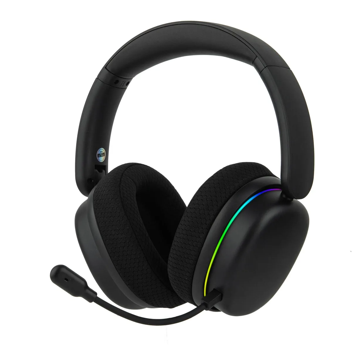 Black over-ear gaming headset with RGB lighting and detachable microphone