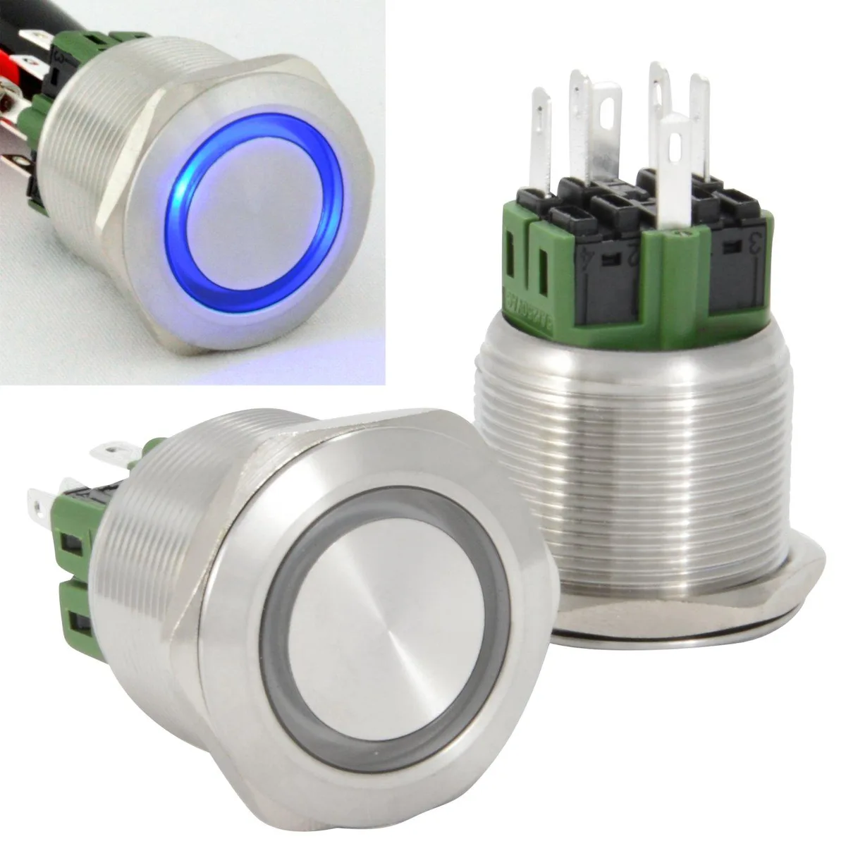 JacobsParts Inc. JacobsParts Inc. LTCH-B6-BLU 25mm Latching Push Button Disconnect Stainless Steel Blue LED IP67 250V 5A — product photo
