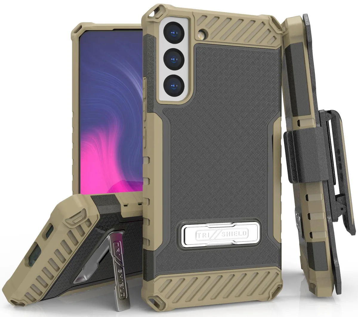 Nakedcellphone Nakedcellphone Tri-Shield Kickstand Case + Belt Clip Holster + Strap for Galaxy S22 5G Brown — product photo