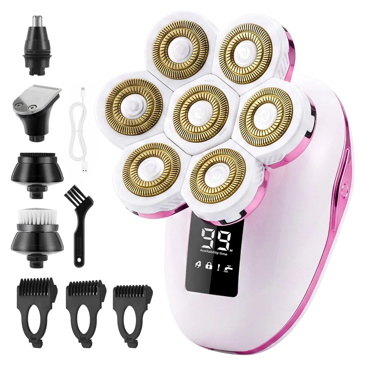 White cordless rotary shaver with LCD screen and detachable heads