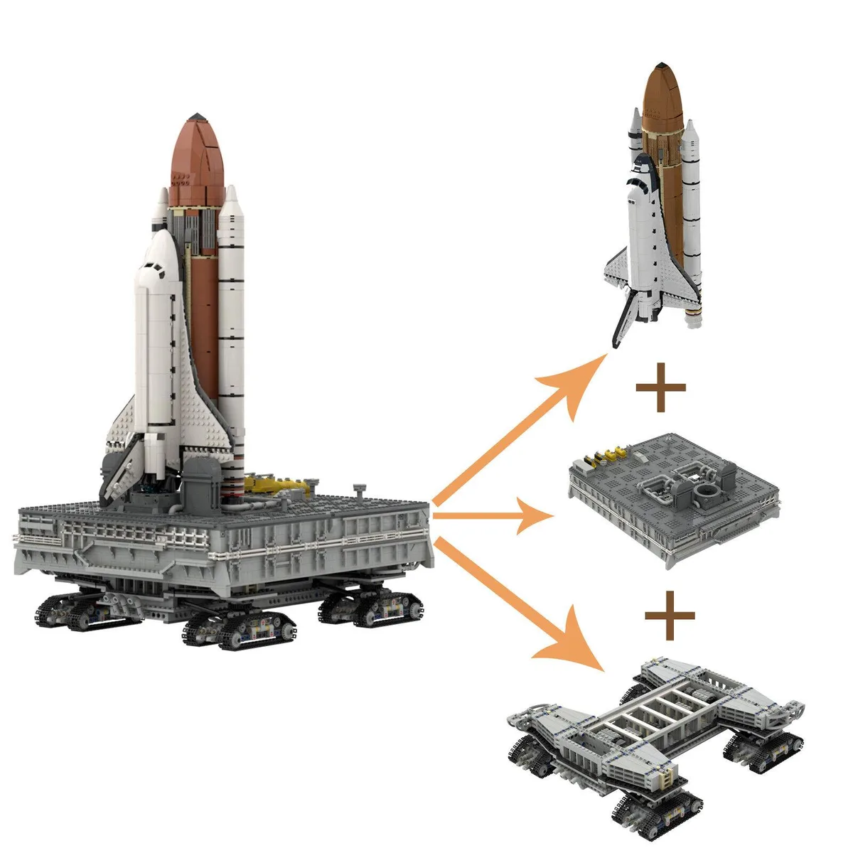 Multi-colour plastic building bricks forming a launch platform with crawler transporter, app-enabled MOC set