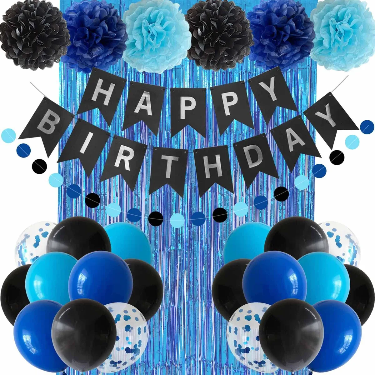 Blue and black birthday kit with banner, balloons, pom poms and foil curtain