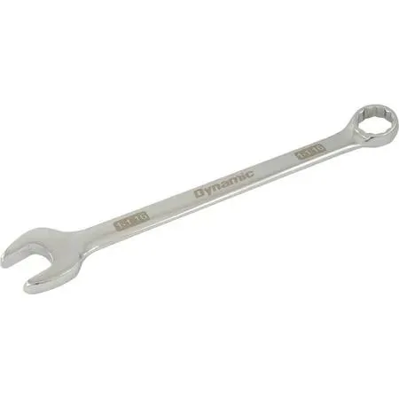 A mirror-chrome combination wrench with twelve-point box end and angled open end
