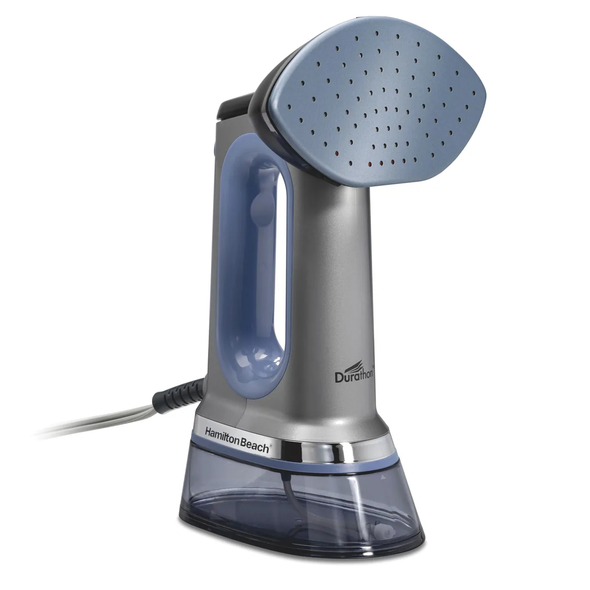 White handheld garment steamer with blue accents, upright form, removable water tank visible
