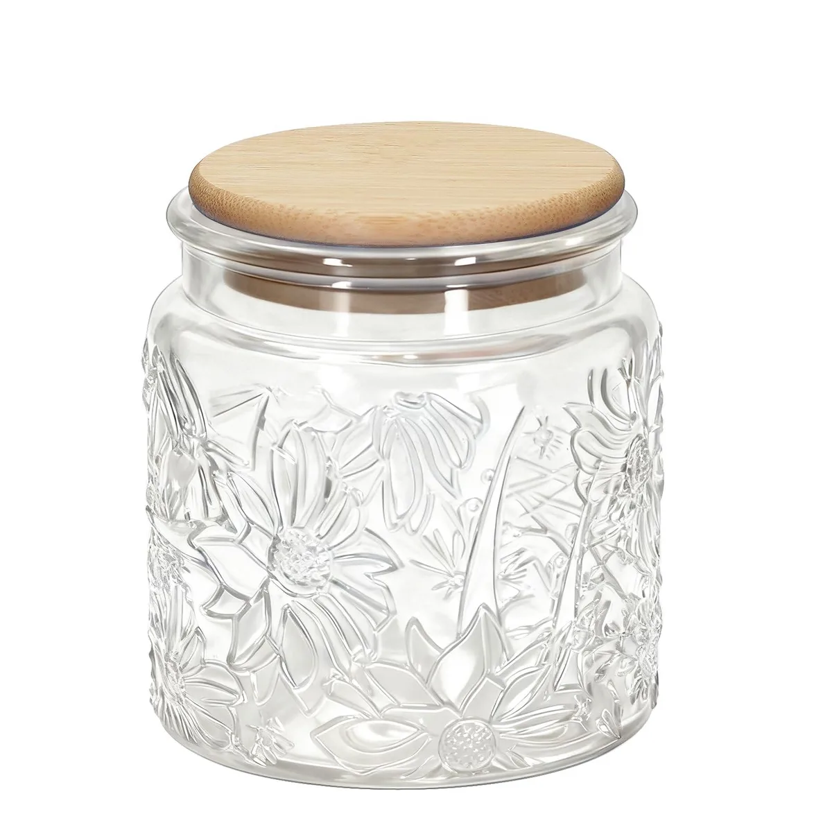 Clear glass jar with floral embossing and bamboo lid