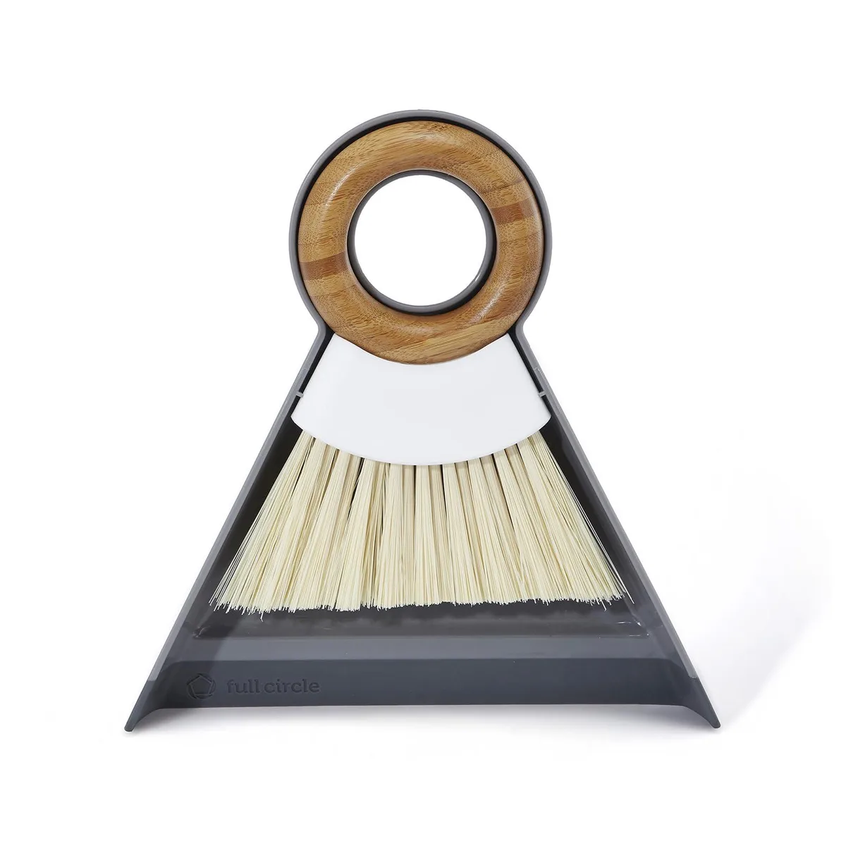 White mini broom and dustpan set with bamboo handle and recycled plastic pan