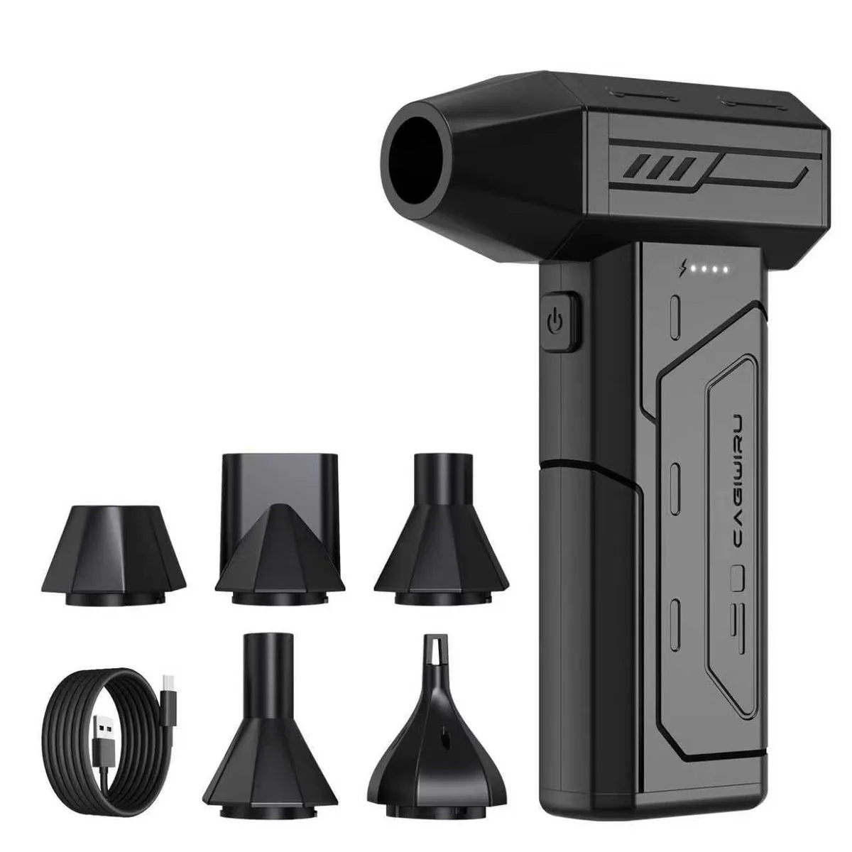 Compact cordless air duster with LED light and multiple nozzles