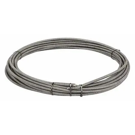 Coiled steel drain cable, 3/8 inch diameter, 50 ft length, silver finish
