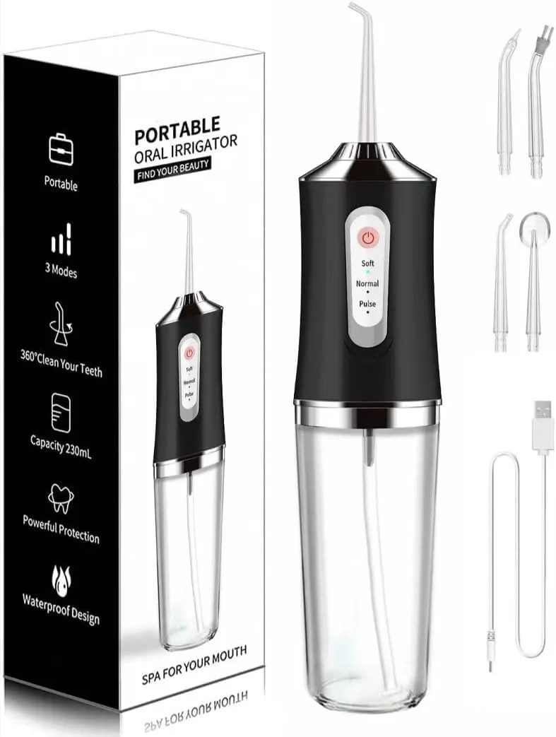 Black cordless water flosser with 230ml tank and four tips