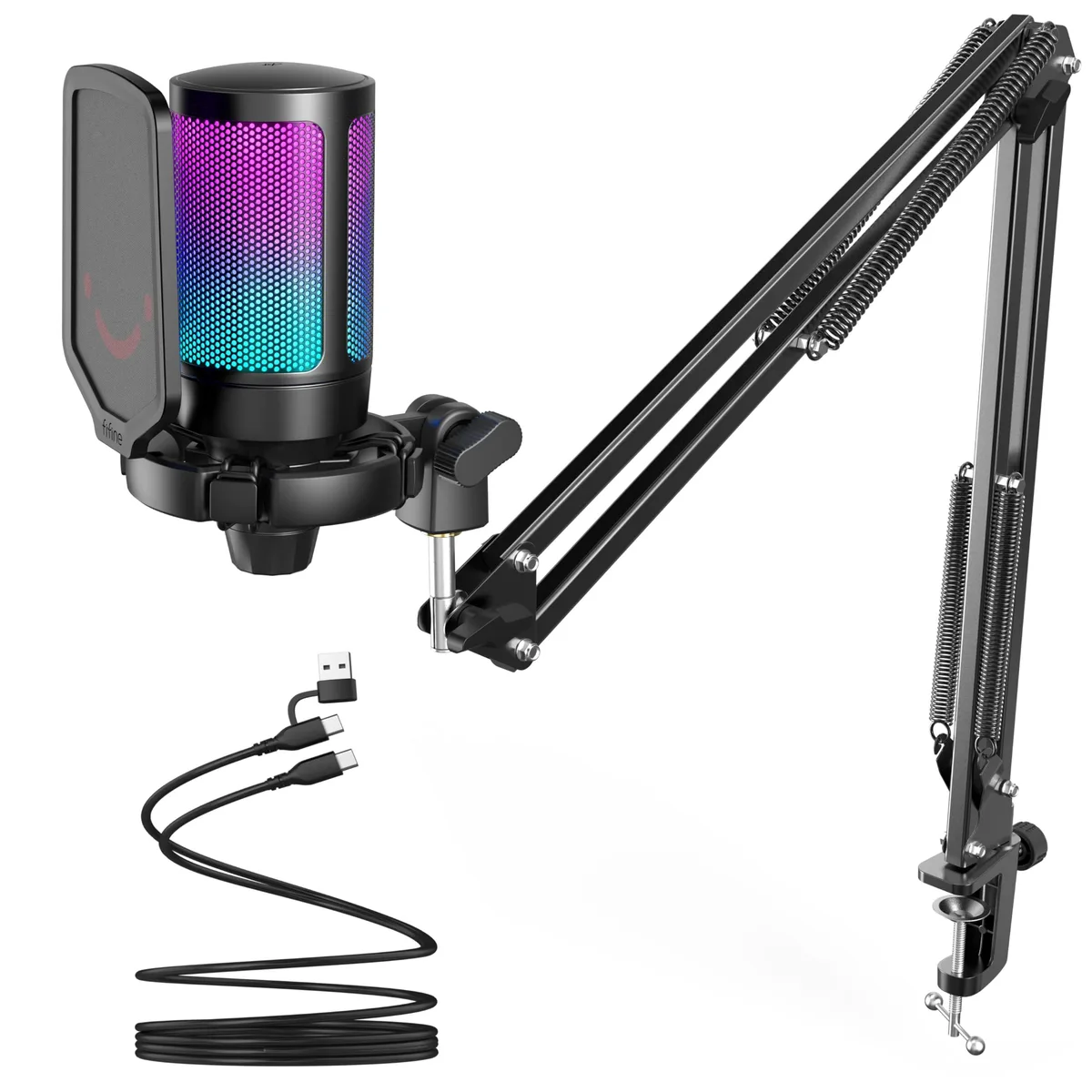 FIFINE AmpliGame A6T USB Condenser Microphone Kit with Boom Arm, Pop Filter, Mute Button, Gain Knob, RGB — product photo