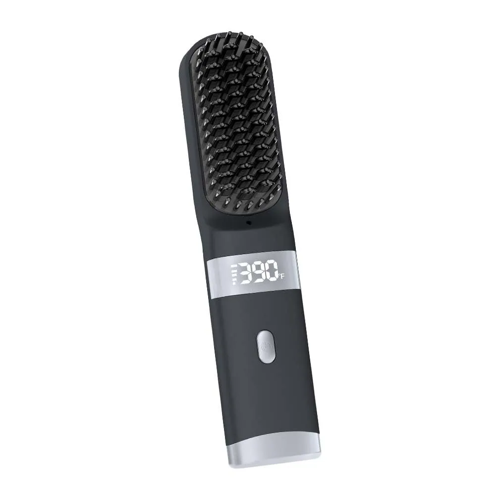 Black cordless straightening brush with LCD screen and ceramic comb teeth