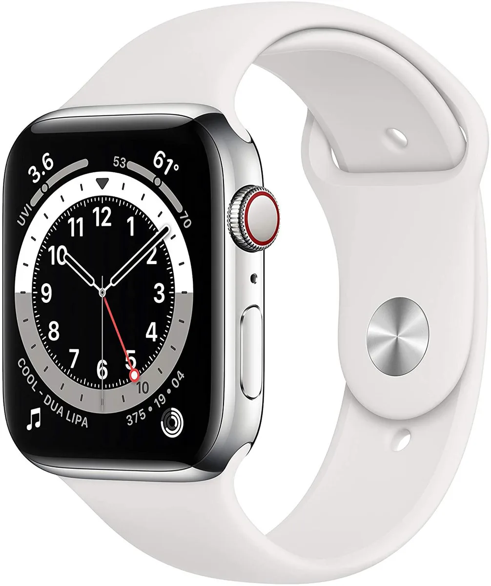 Apple Apple Watch Series 6 44mm Silver Stainless Steel GPS + Cellular White Sport Band — product photo