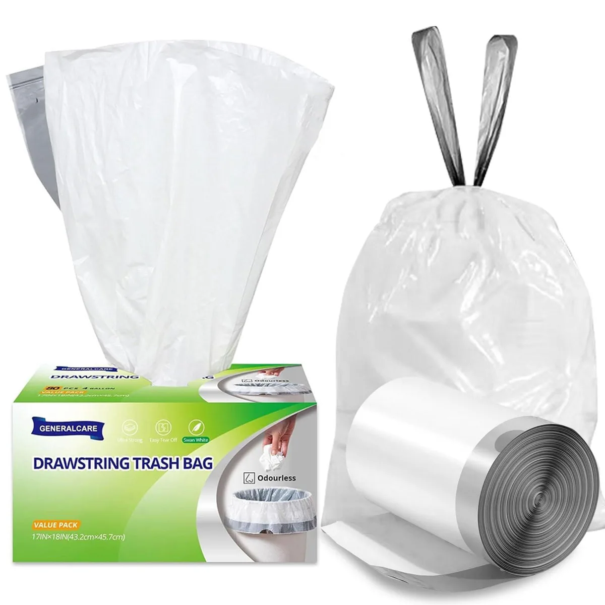 White drawstring trash bag pack, 80 count, 4 gallon capacity