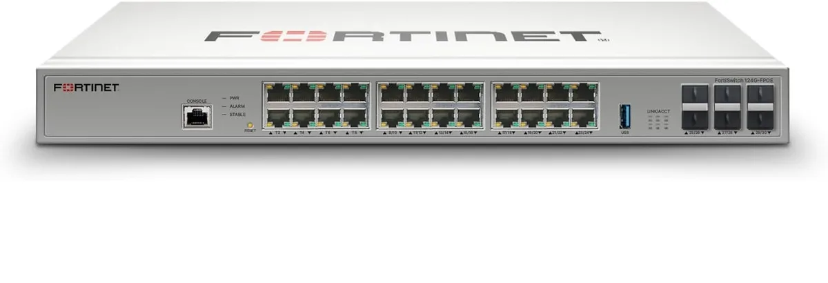 Fortinet Fortinet FS-124G-FPOE network switch 24x 2.5G RJ45 6x 10G SFP+ 8x 90W PoE 16x 30W PoE 780W — product photo