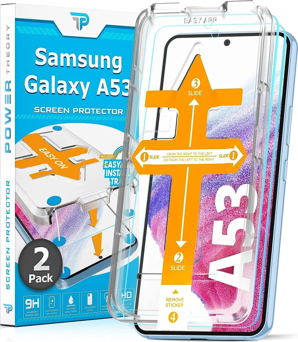 Two rectangular tempered-glass screen protectors for Galaxy A53 5G with alignment tray and cleaning kit