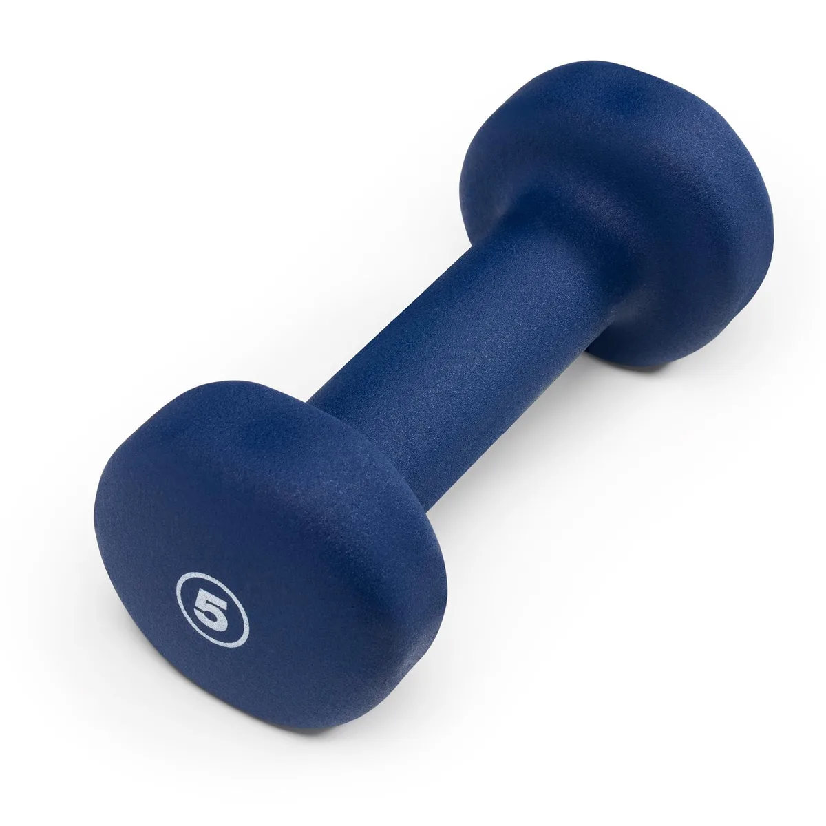 Single indigo-blue neoprene dumbbell with no-roll head and textured grip