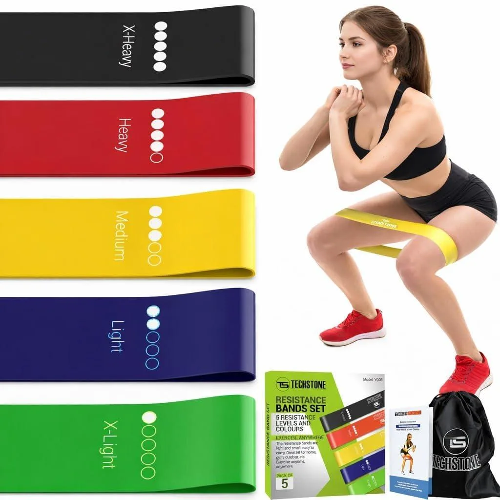 Five multicoloured latex loop bands in a carry bag