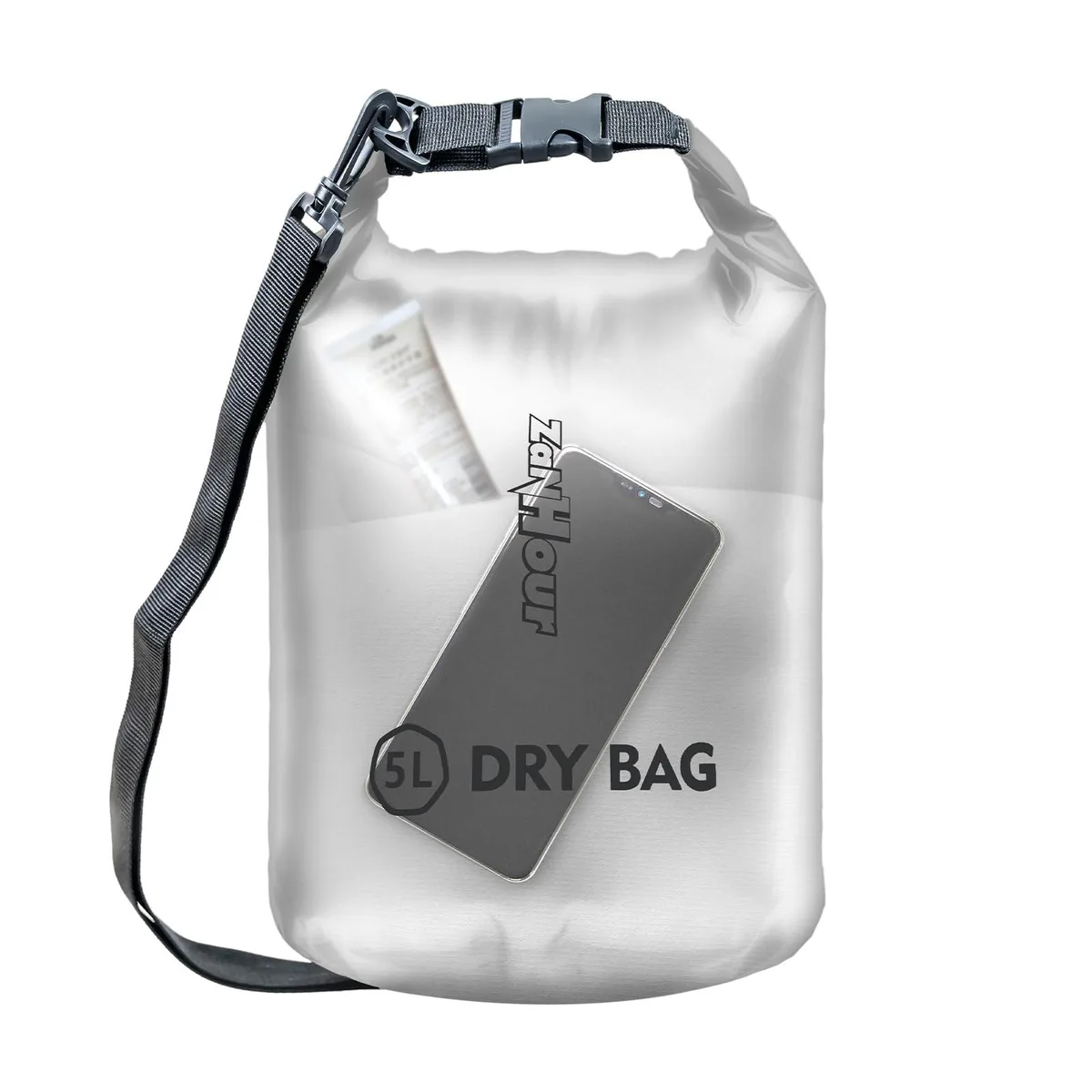 Transparent cylindrical dry bag with roll-top closure and adjustable shoulder strap