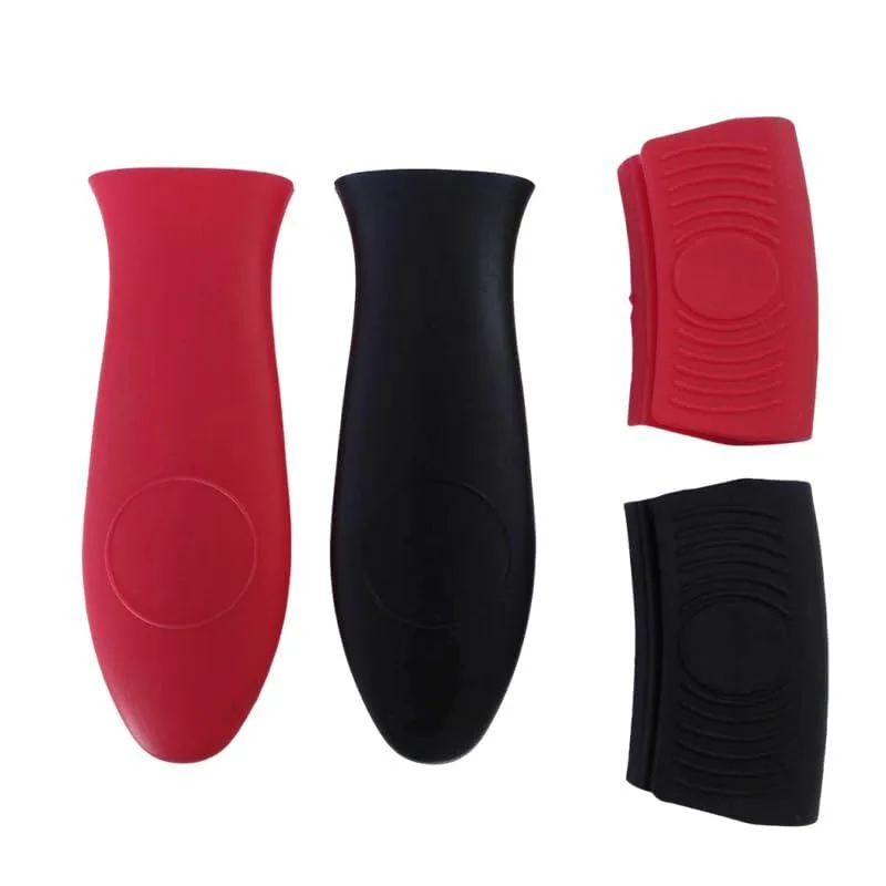 Four silicone handle covers in black and red, curved and clip styles, textured surface