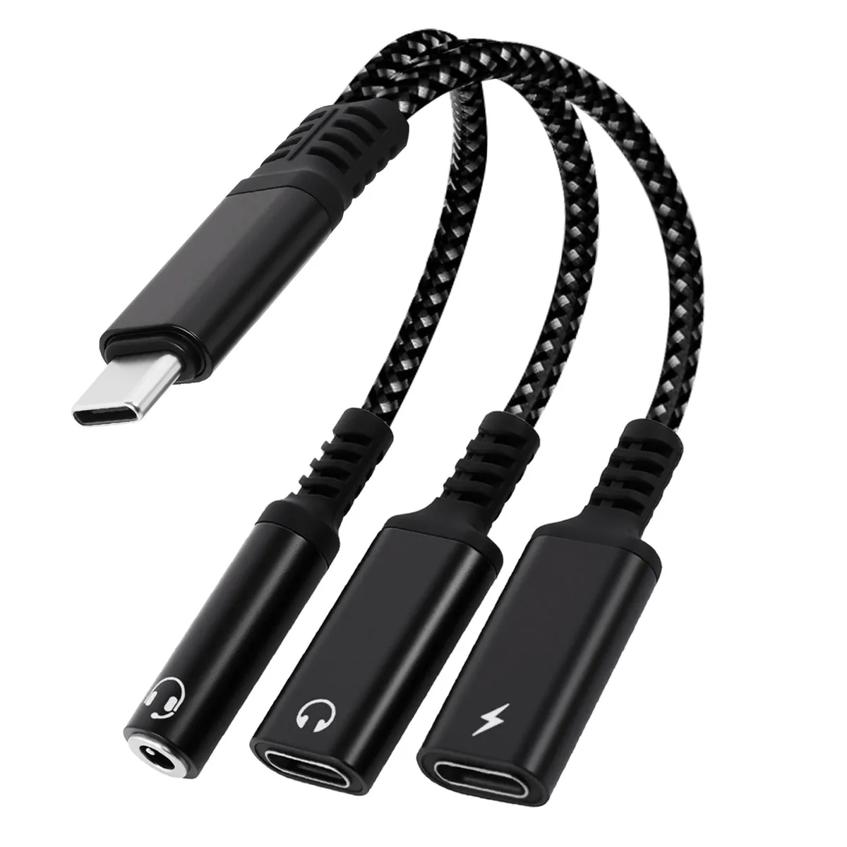 Black USB-C adapter with 3.5mm jack and USB-C ports