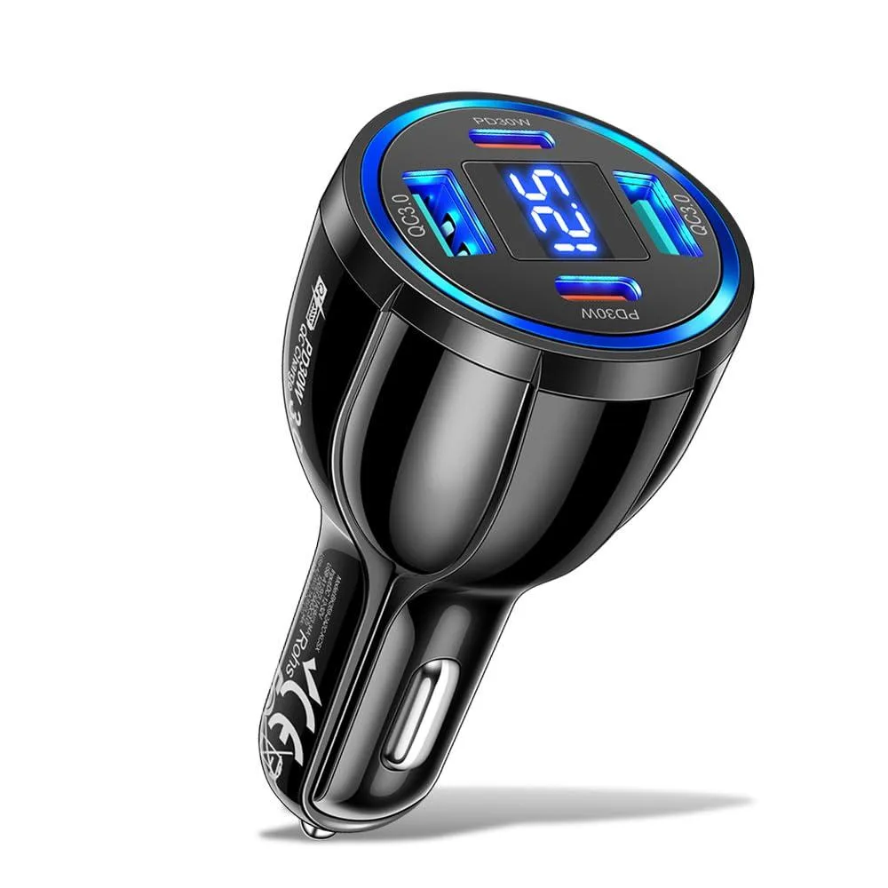 Black four-port car charger with digital voltmeter display, cigarette lighter plug