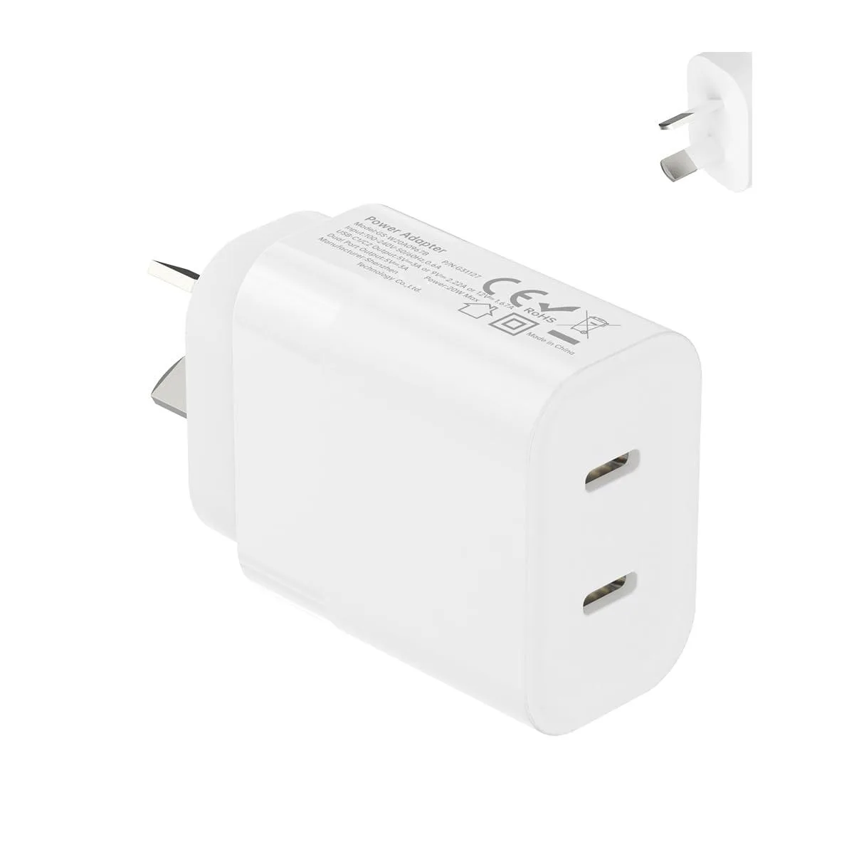 White rectangular wall charger with two USB-C ports and folding Australian plug pins
