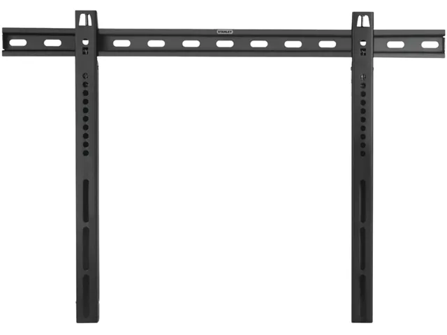 Black rectangular metal TV wall mount with slim profile and mounting holes