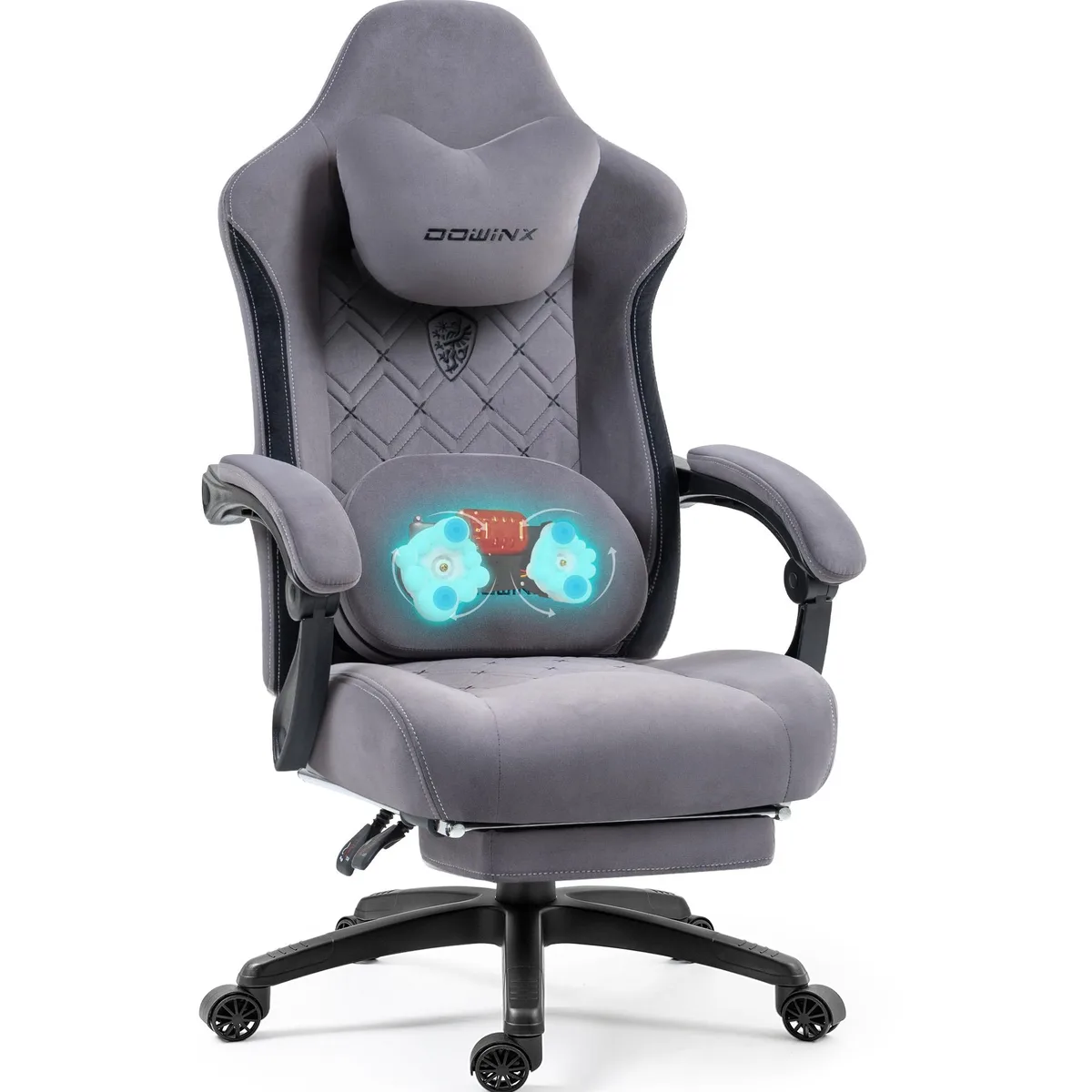 Dowinx Dowinx LS-MB38 Gaming Chair Grey Fabric Heated Shiatsu Massage 135° Recline 350 lb — product photo