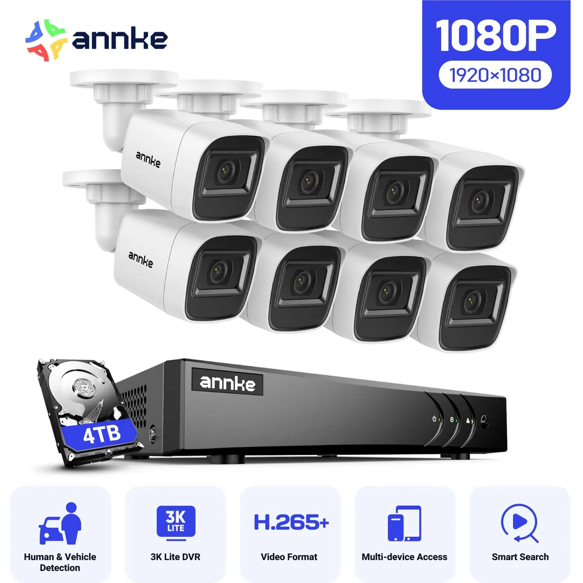 Annke Annke 2MP 8-Channel 3K Lite DVR System 8x 1080P Wired Cameras 65ft IR IP67 3.6mm 4TB White — product photo