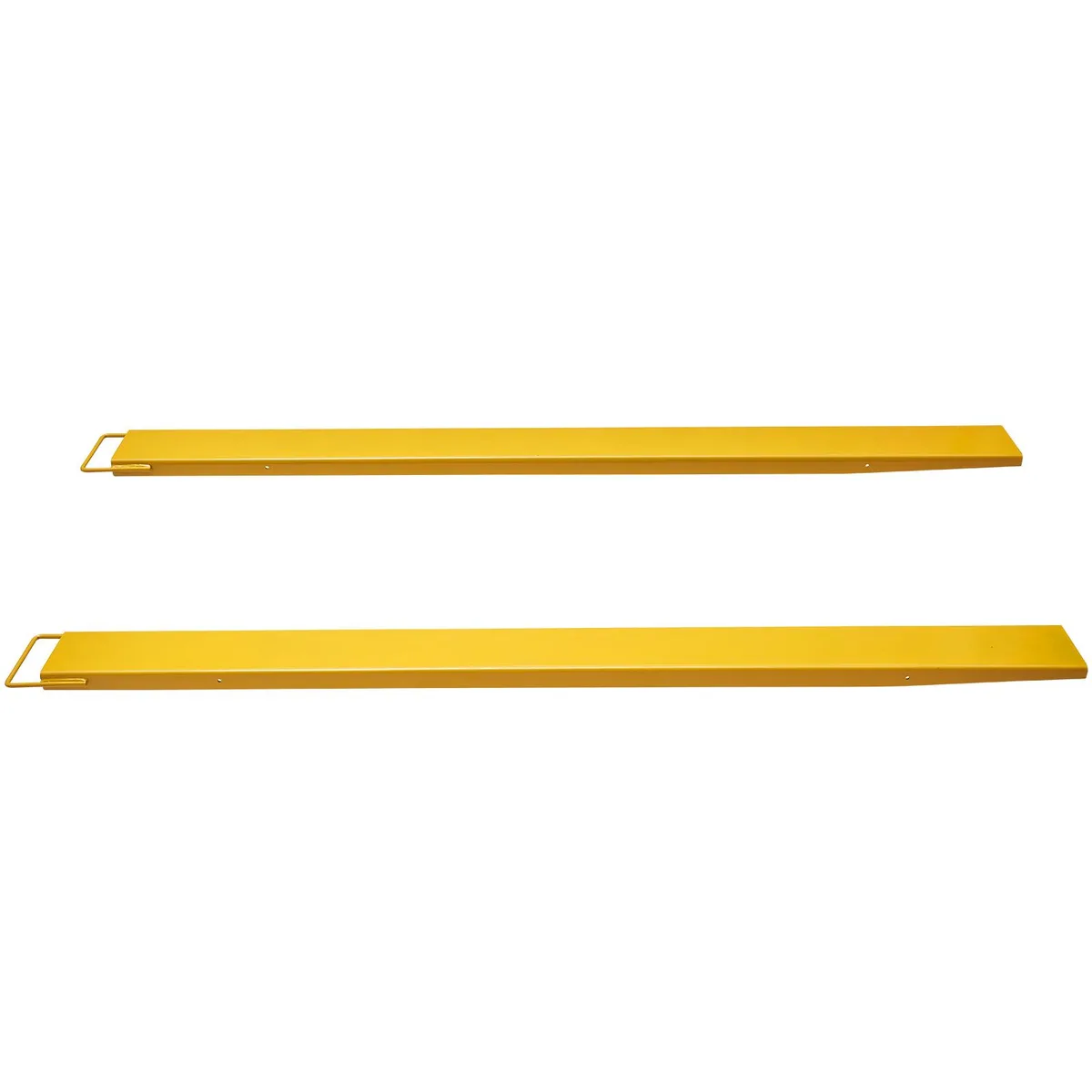 Pair of yellow carbon-steel pallet fork extensions 96 in long 6.5 in inner width
