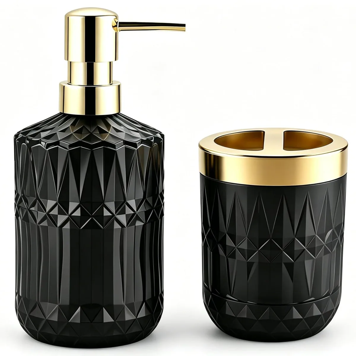 Two-piece black glass bathroom set with diamond pattern, soap dispenser and toothbrush holder