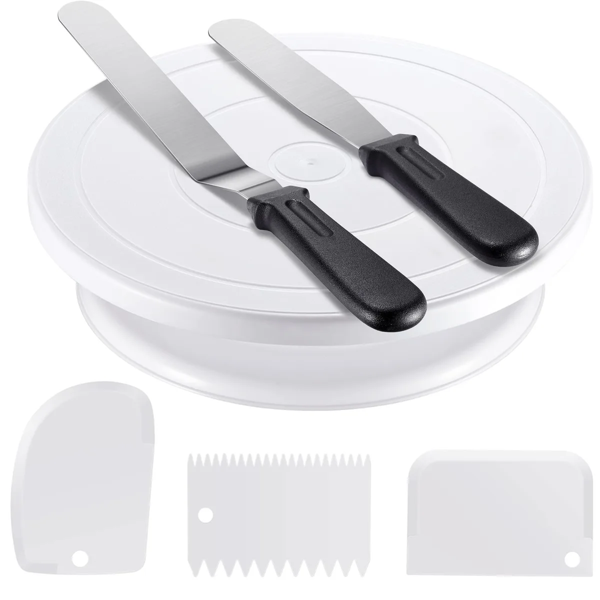White 11-inch cake turntable with 360° rotation, two stainless steel spatulas 10.6 and 12.5 inches