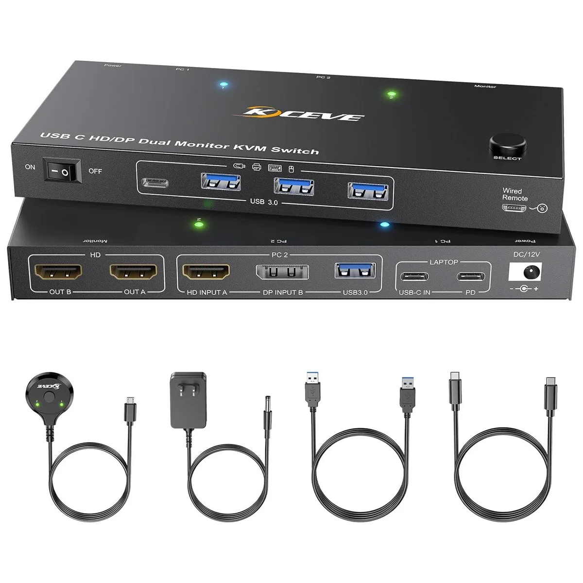IHDAPP IHDAPP KVM Switch 2 Monitors 2 Computers USB C HDMI DP 4K@60Hz 1.5m Wired Remote — product photo